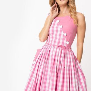 Unique Vintage Swing Dress: Pink and White Gingham